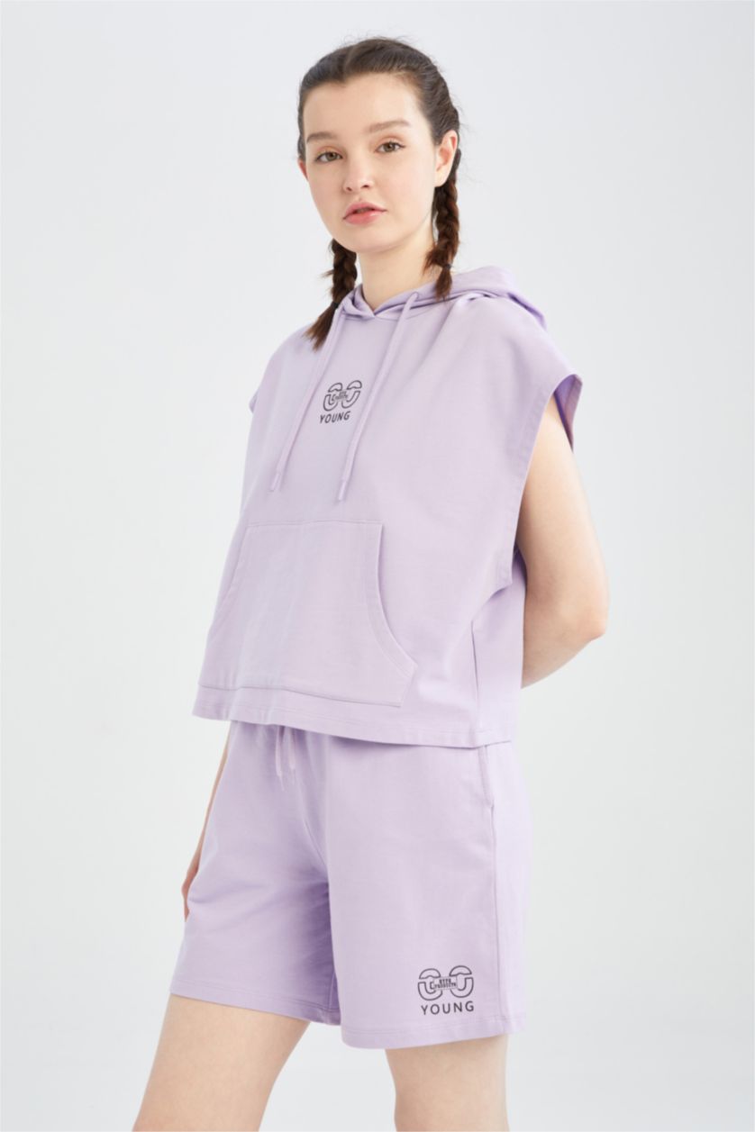 حريمي أرجواني هودي مطبوع بجيب وقصة عادية