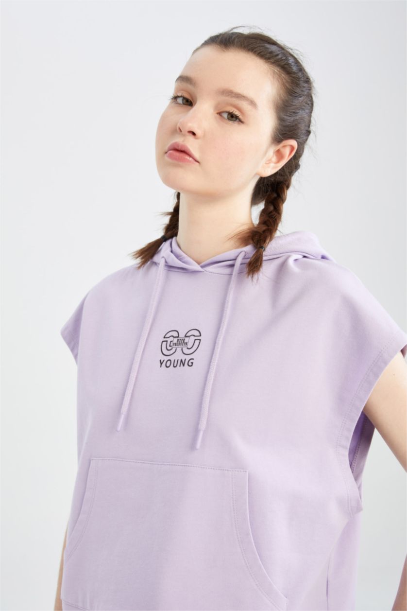 حريمي أرجواني هودي مطبوع بجيب وقصة عادية