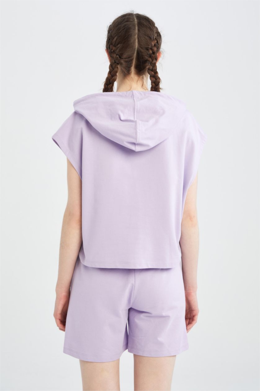 حريمي أرجواني هودي مطبوع بجيب وقصة عادية