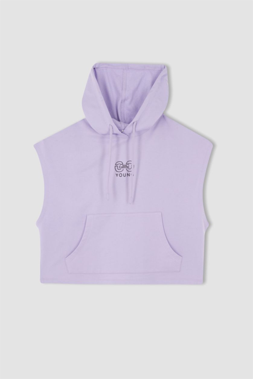 حريمي أرجواني هودي مطبوع بجيب وقصة عادية