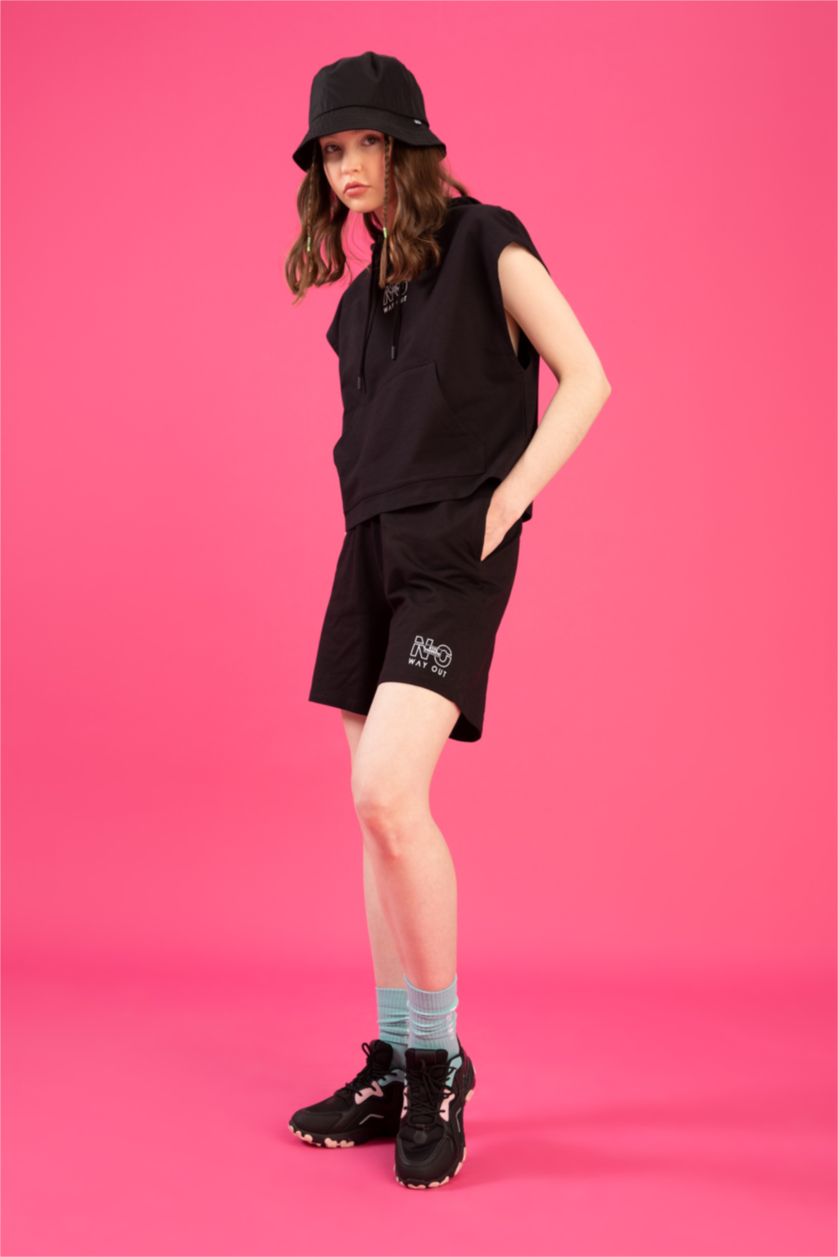 WOMAN Black Regular Fit High Waisted Minimal Slogan Print Short