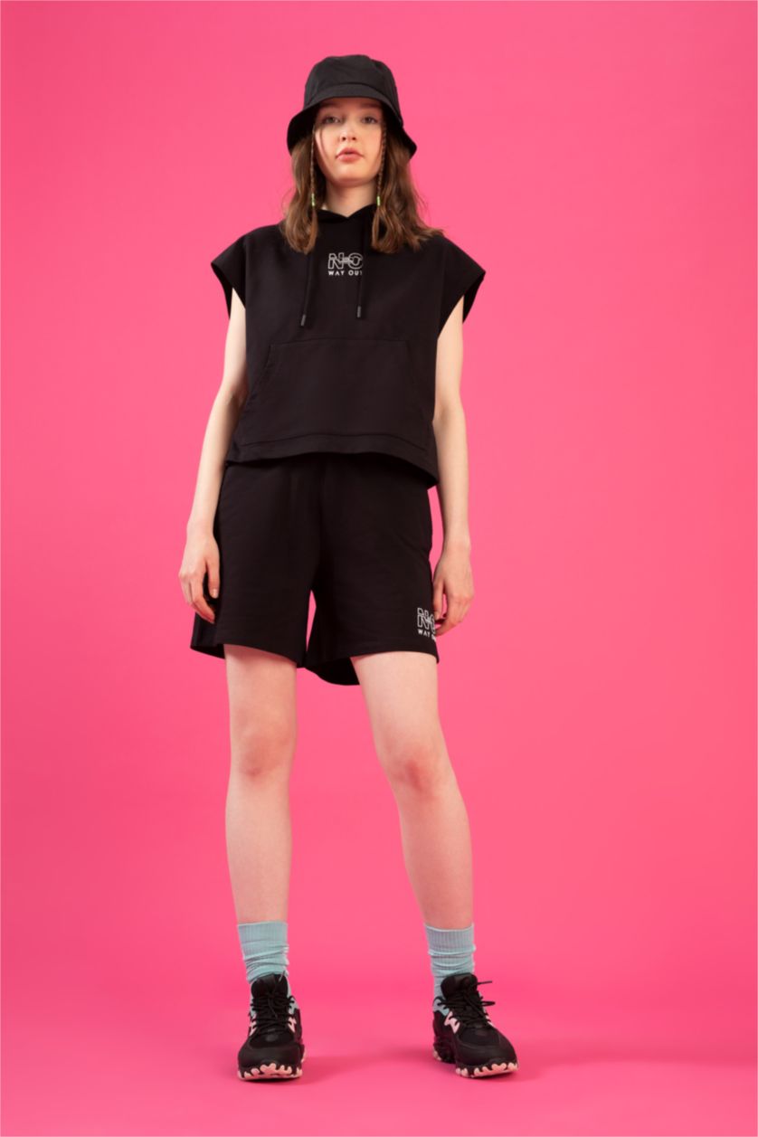 WOMAN Black Regular Fit High Waisted Minimal Slogan Print Short