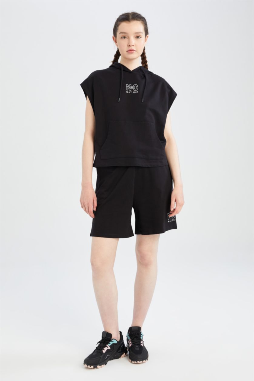 WOMAN Black Regular Fit High Waisted Minimal Slogan Print Short