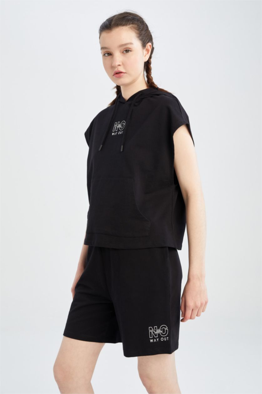 WOMAN Black Regular Fit High Waisted Minimal Slogan Print Short