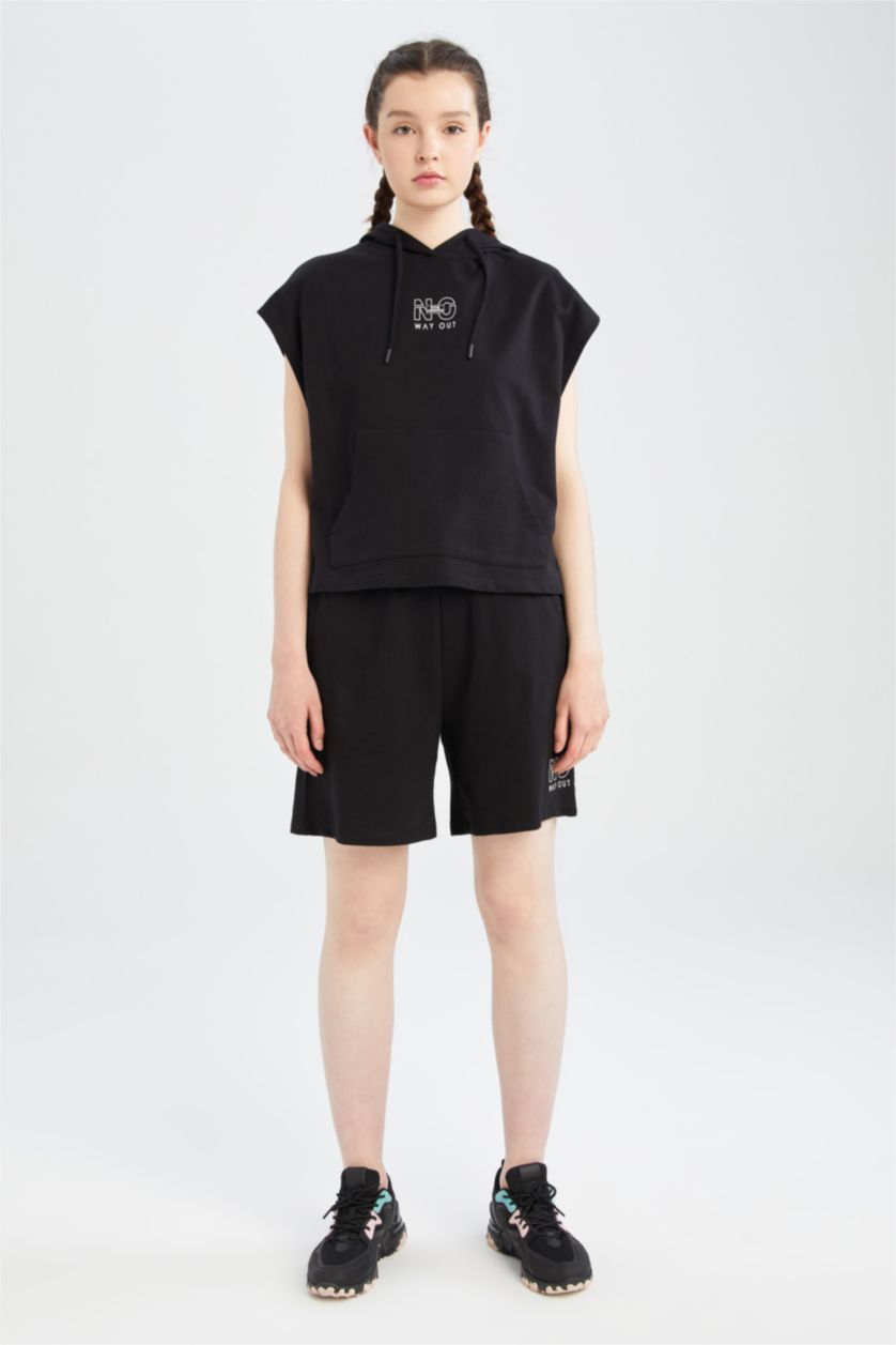 WOMAN Black Regular Fit High Waisted Minimal Slogan Print Short