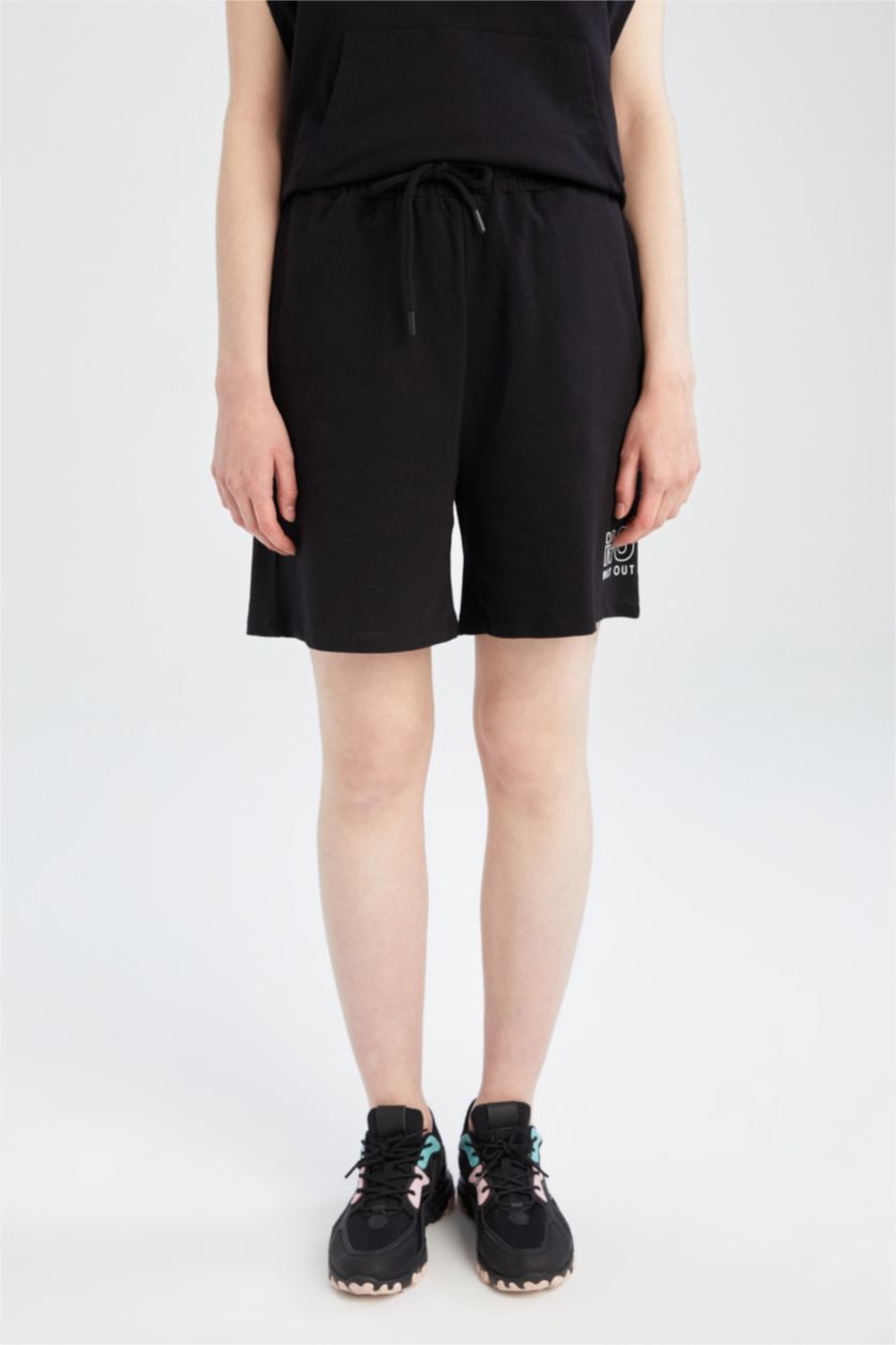 WOMAN Black Regular Fit High Waisted Minimal Slogan Print Short