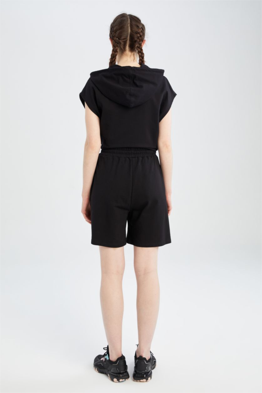 WOMAN Black Regular Fit High Waisted Minimal Slogan Print Short