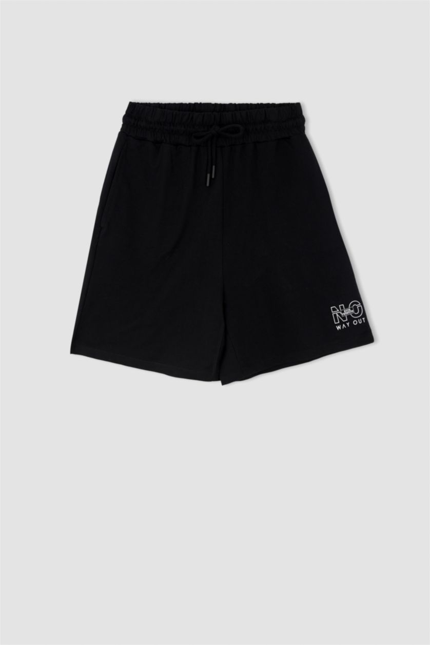 WOMAN Black Regular Fit High Waisted Minimal Slogan Print Short