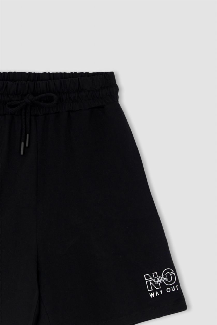 WOMAN Black Regular Fit High Waisted Minimal Slogan Print Short