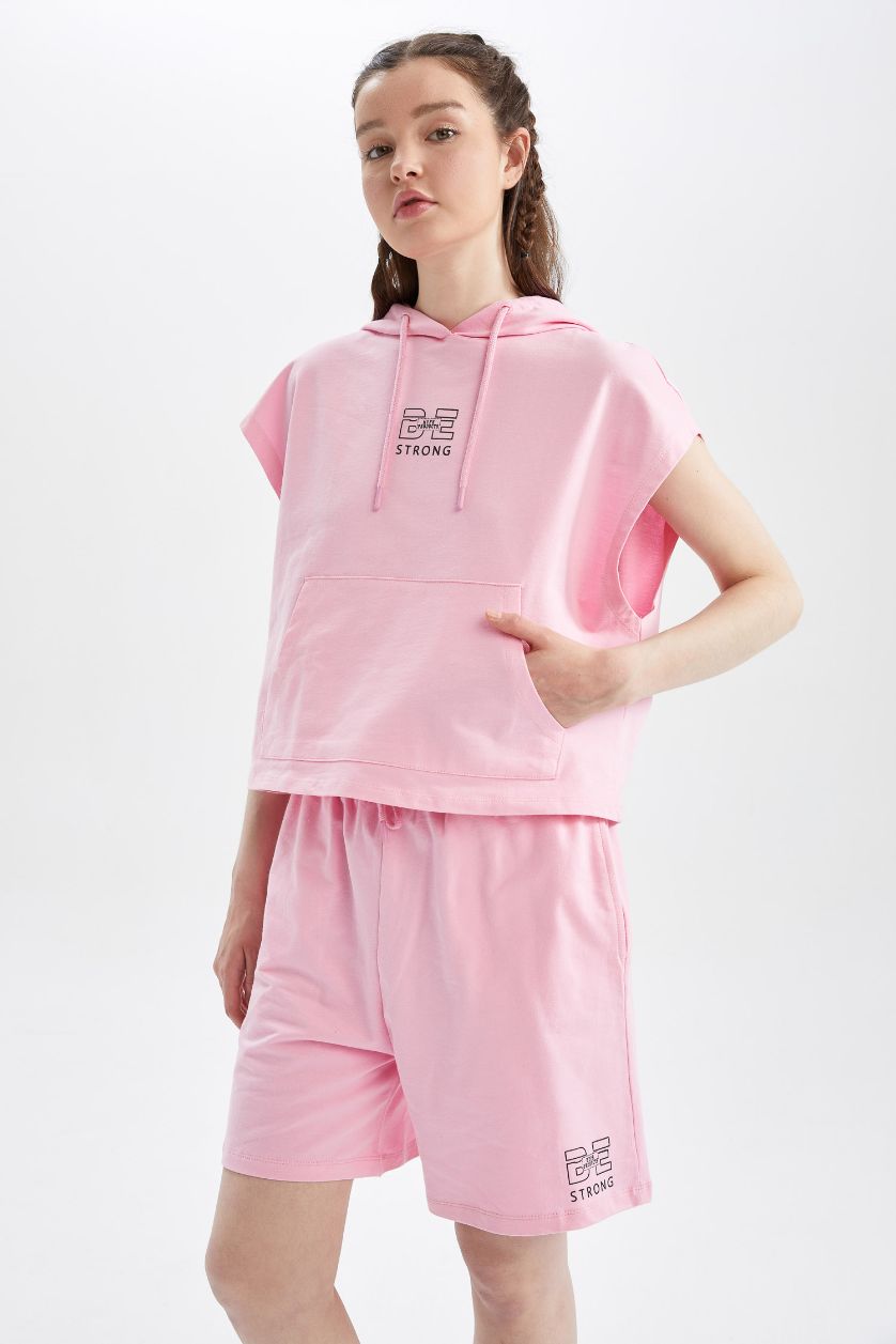 WOMAN Pink Regular Fit High Waisted Minimal Slogan Print Short