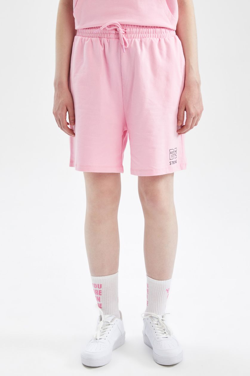 WOMAN Pink Regular Fit High Waisted Minimal Slogan Print Short