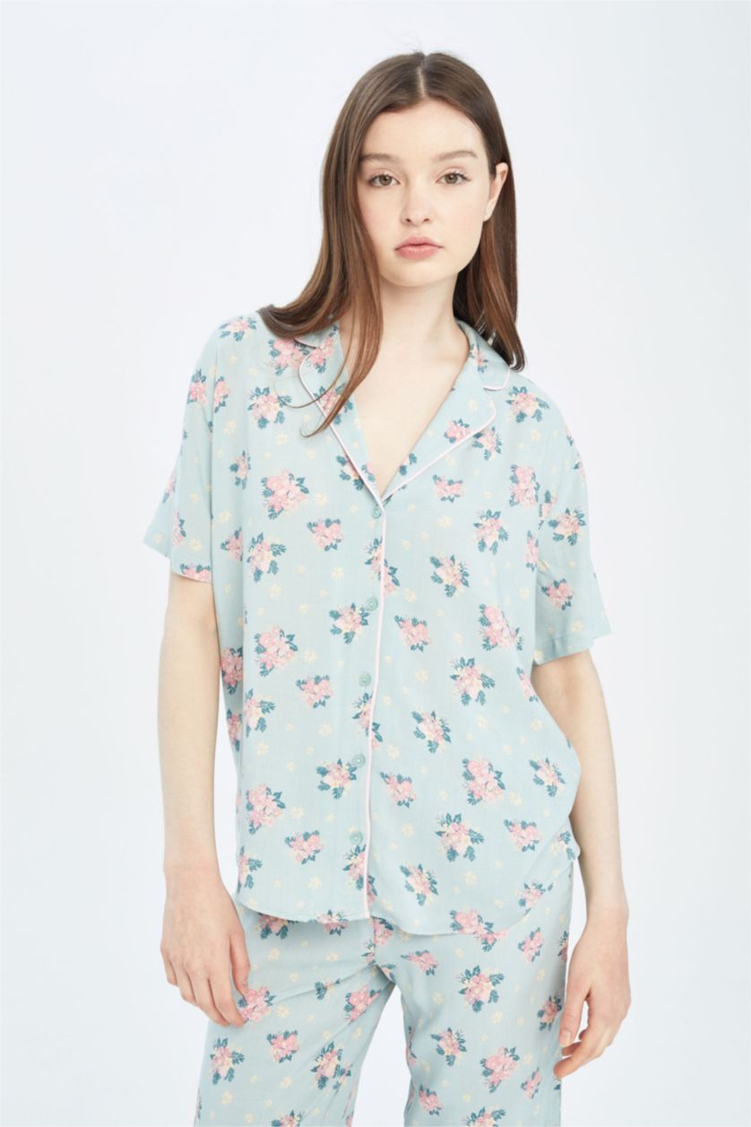 نساء نعناع بلوزة مطبوعة قصة عادية بياقة قميص