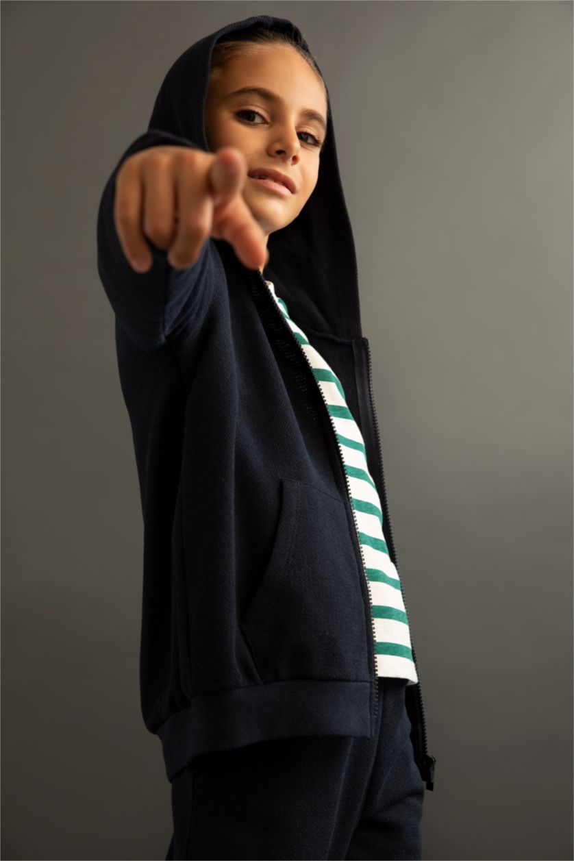 BOYS & TEENS NAVY Regular Fit Hooded Cardigan