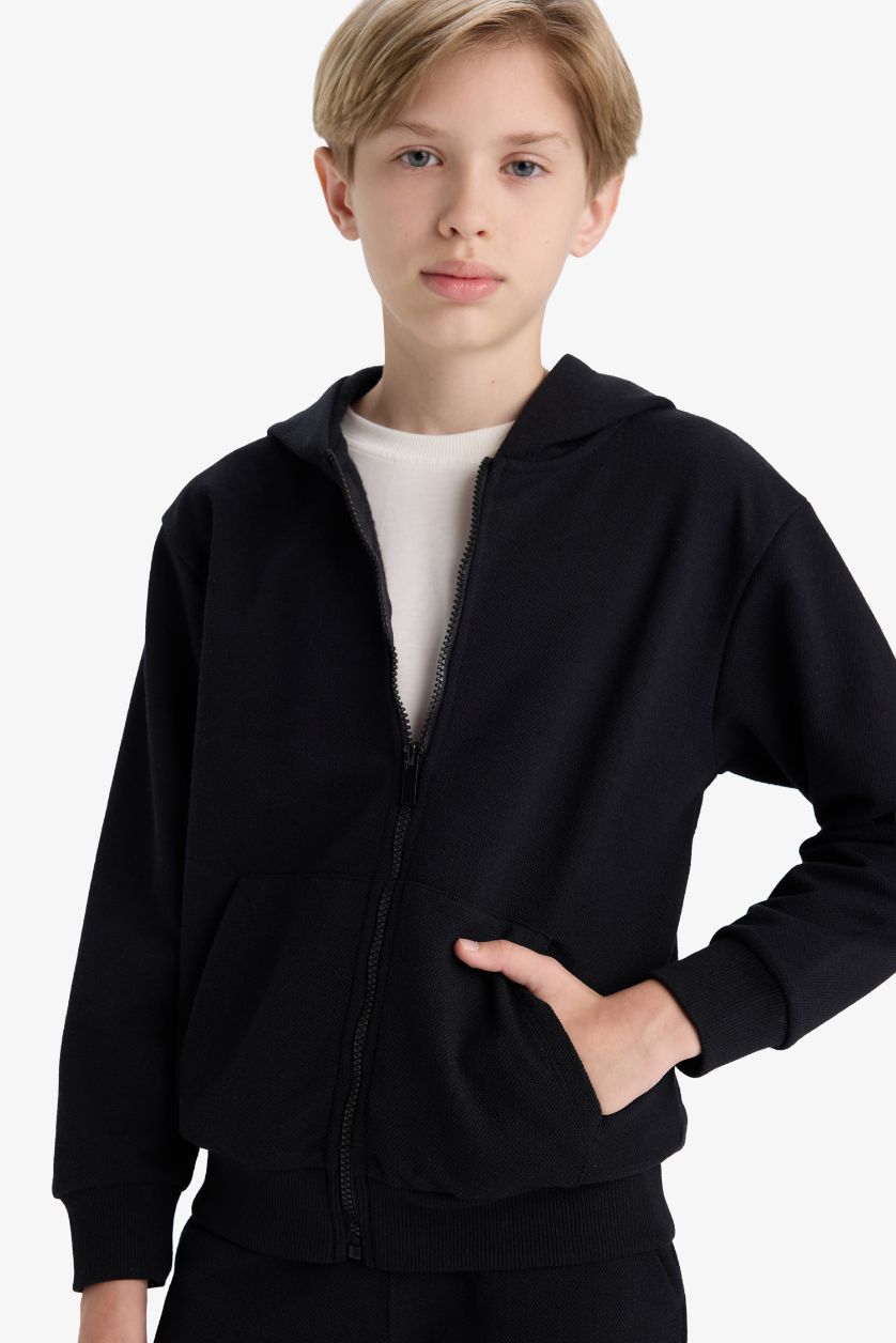 Erkek Çocuk - Genç Erkek Siyah Kapüşonlu Okul Fermuarlı Sweatshirt Erkek Çocuk