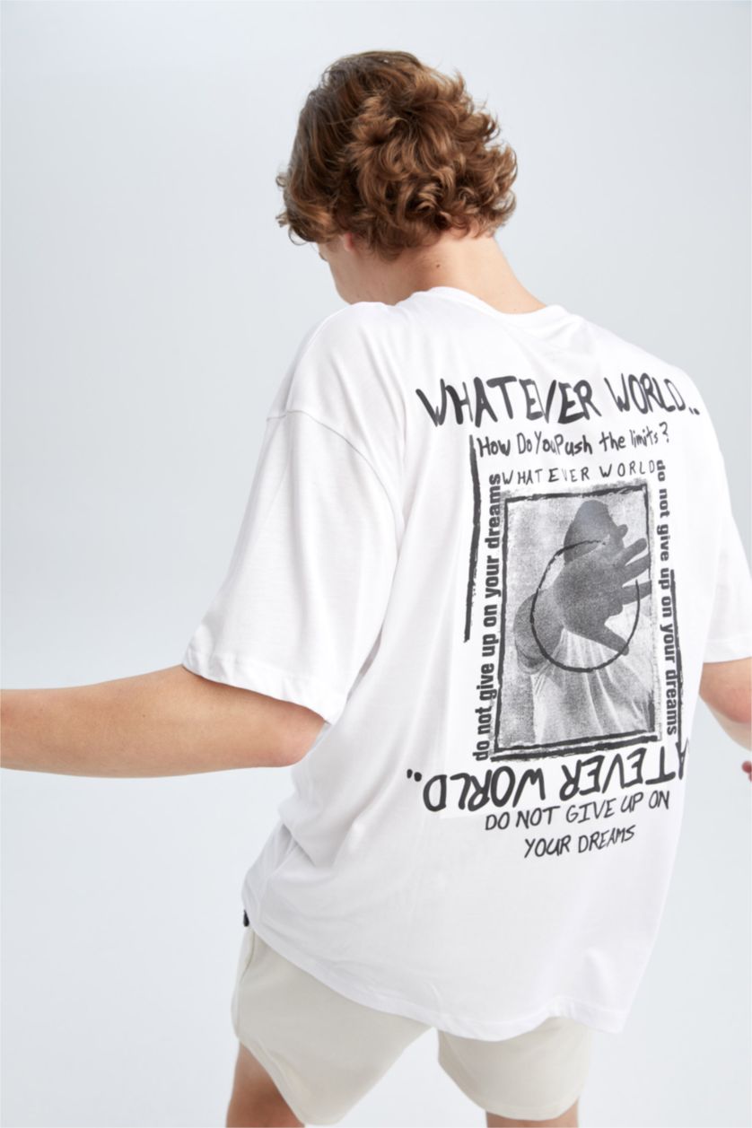 MAN White Coool Boxy Fit Crew Neck Printed Cotton Combed Cotton T-Shirt