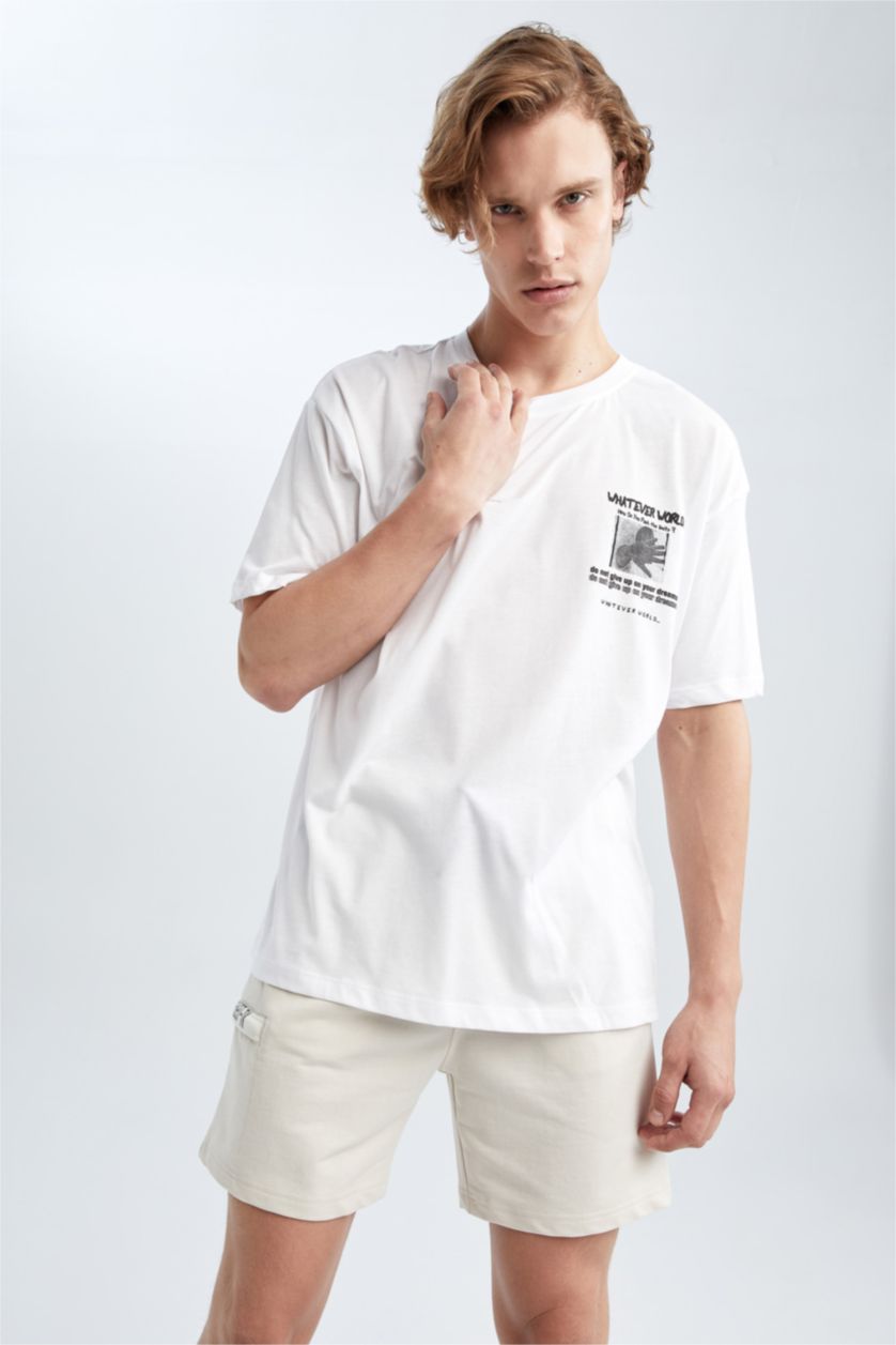 MAN White Coool Boxy Fit Crew Neck Printed Cotton Combed Cotton T-Shirt