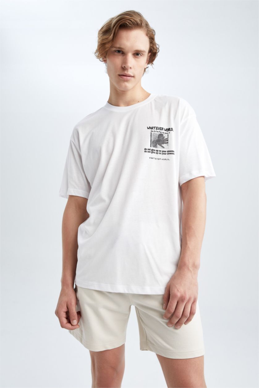 MAN White Coool Boxy Fit Crew Neck Printed Cotton Combed Cotton T-Shirt