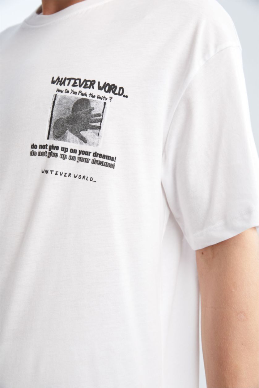 MAN White Coool Boxy Fit Crew Neck Printed Cotton Combed Cotton T-Shirt