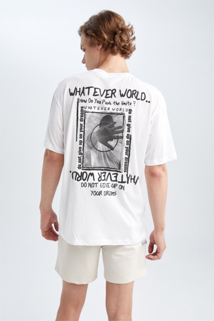 MAN White Coool Boxy Fit Crew Neck Printed Cotton Combed Cotton T-Shirt