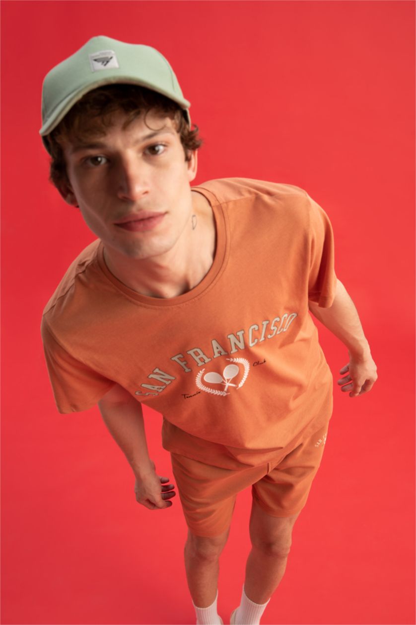 HOMME Orange T-Shirt Slim imprimé en coton Col Ras Du Cou