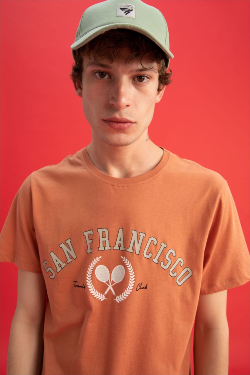 HOMME Orange T-Shirt Slim imprimé en coton Col Ras Du Cou
