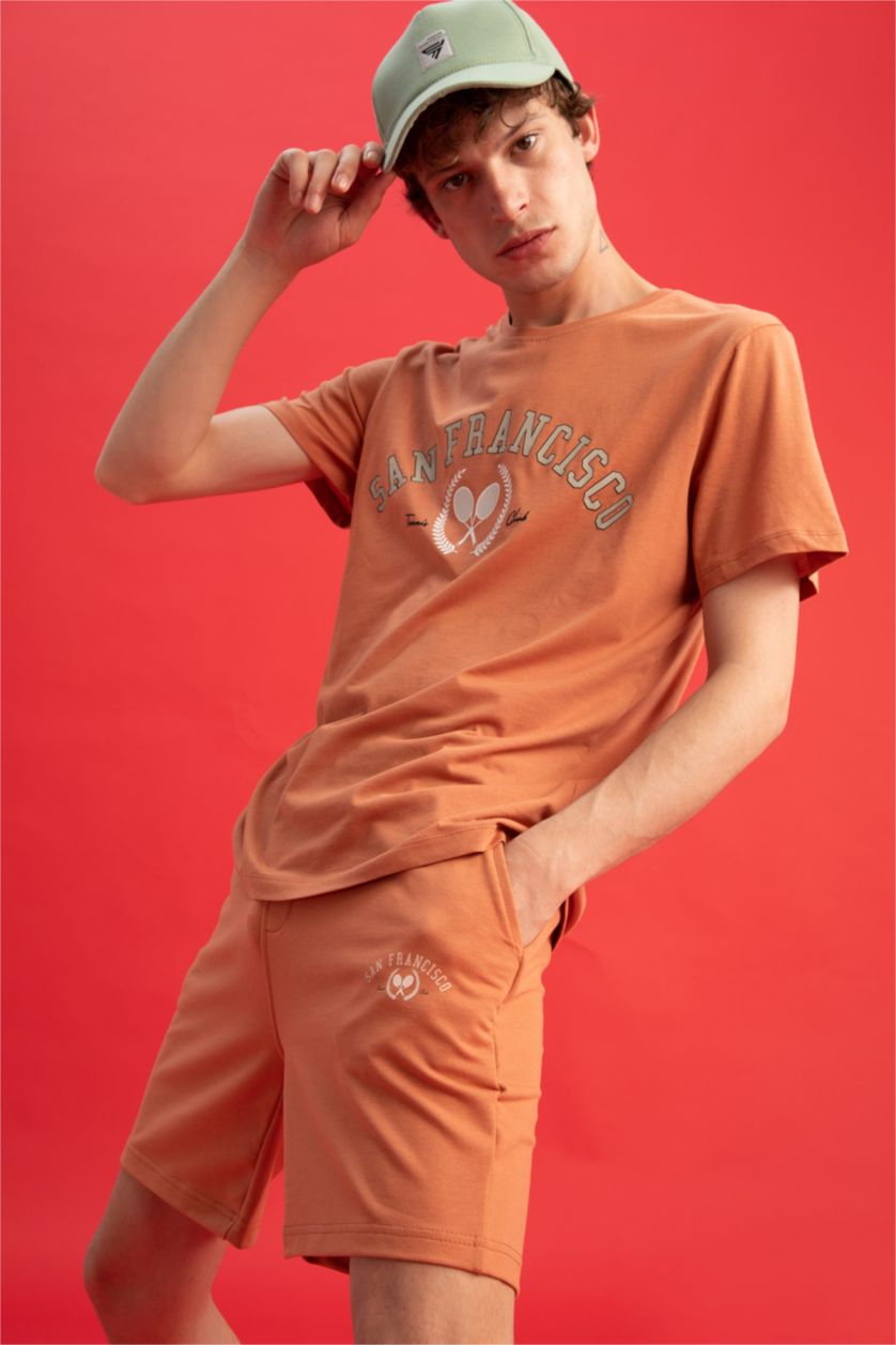 HOMME Orange T-Shirt Slim imprimé en coton Col Ras Du Cou