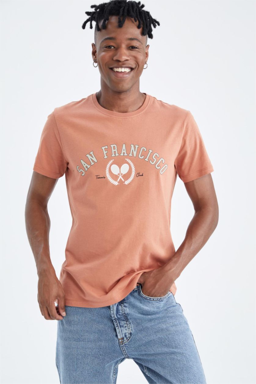 HOMME Orange T-Shirt Slim imprimé en coton Col Ras Du Cou