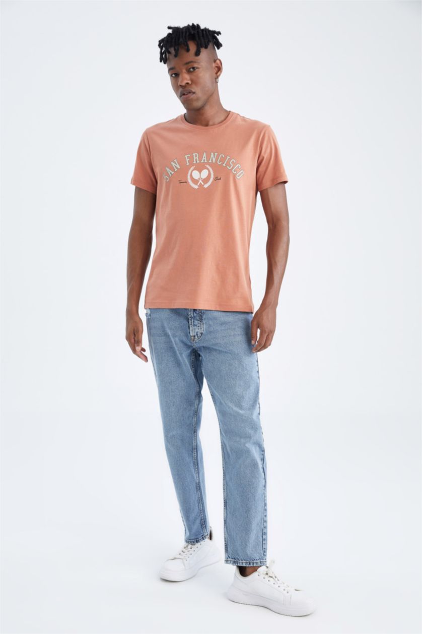 HOMME Orange T-Shirt Slim imprimé en coton Col Ras Du Cou