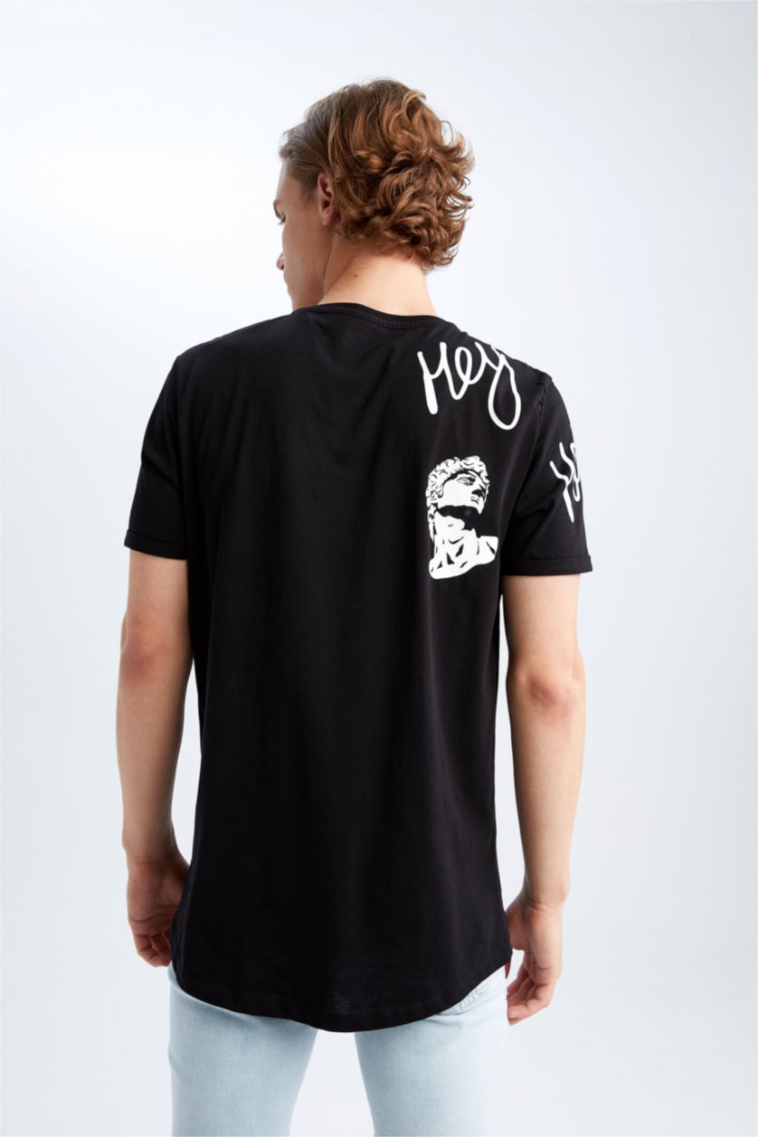 رجال أسود تي شيرت مطبوع بقصة طويلة بياقة مستديرة