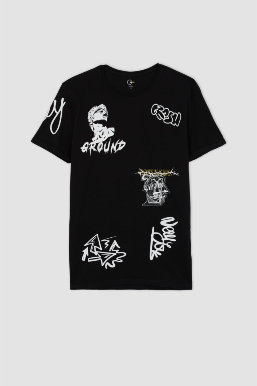 رجال أسود تي شيرت مطبوع بقصة طويلة بياقة مستديرة