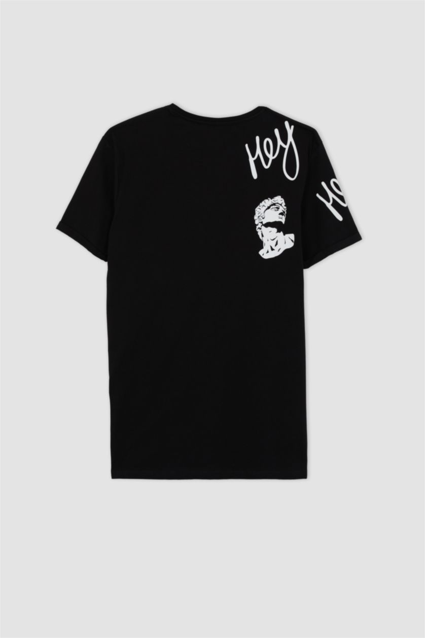 رجال أسود تي شيرت مطبوع بقصة طويلة بياقة مستديرة