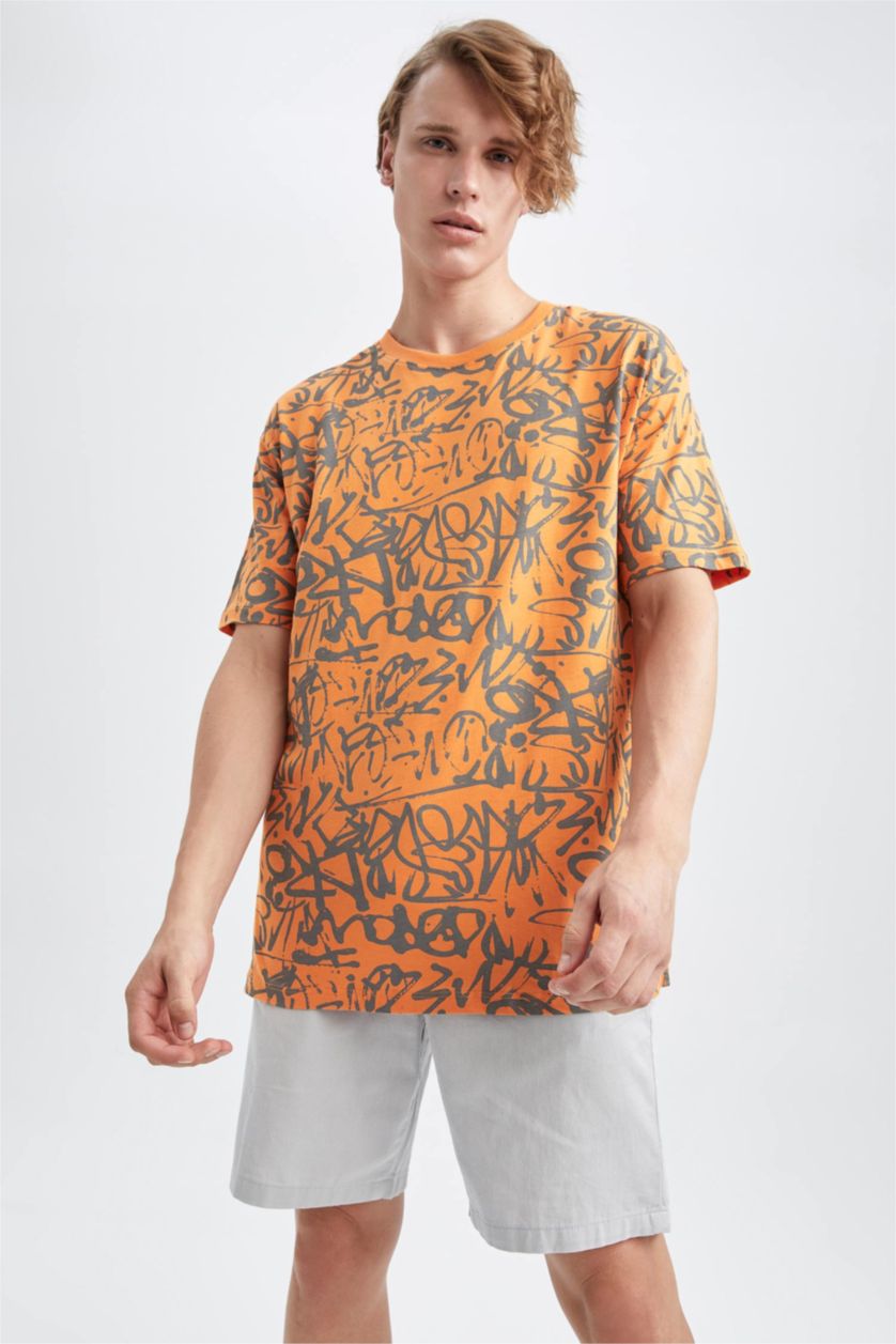 رجال برتقالي تي شيرت قطن اوفر سايز  بياقة مستديرة