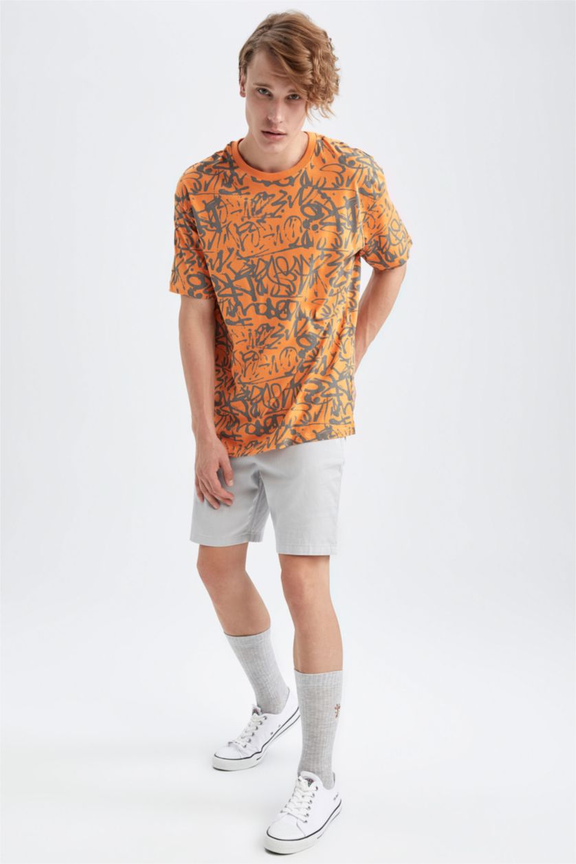 رجال برتقالي تي شيرت قطن اوفر سايز  بياقة مستديرة