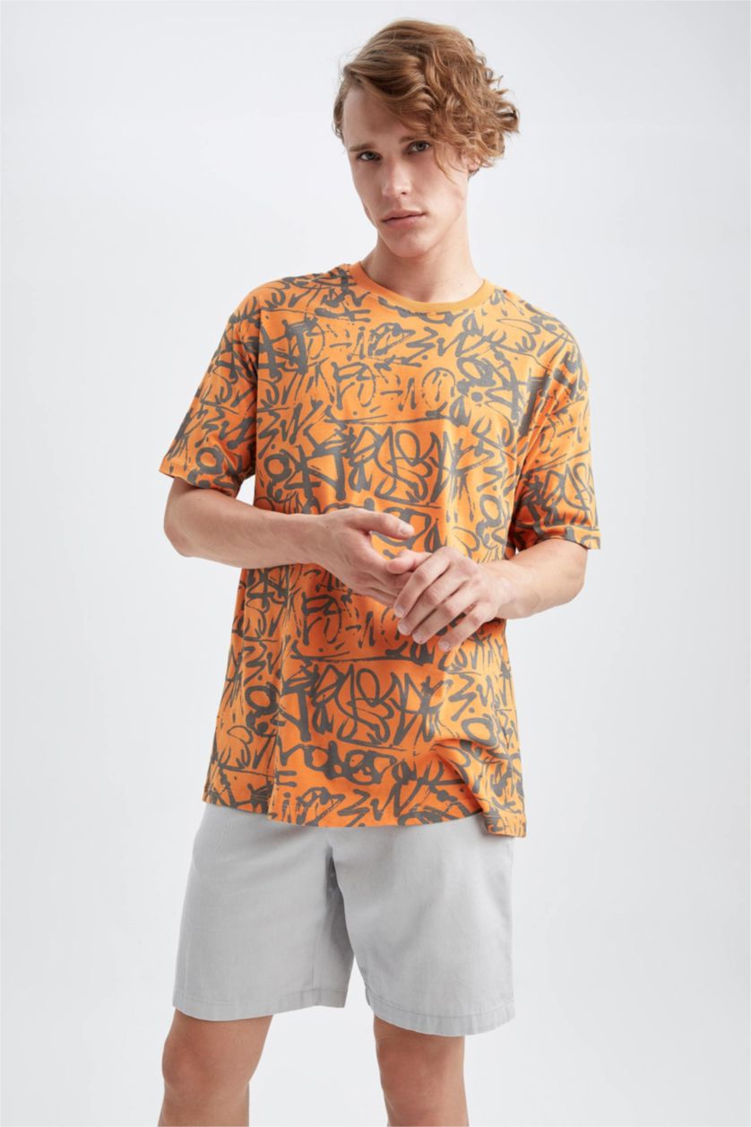 رجال برتقالي تي شيرت قطن اوفر سايز  بياقة مستديرة