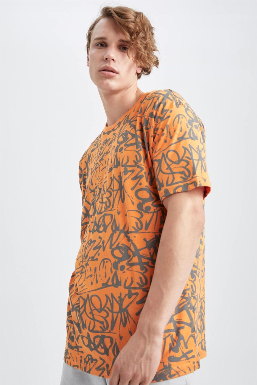 رجال برتقالي تي شيرت قطن اوفر سايز  بياقة مستديرة