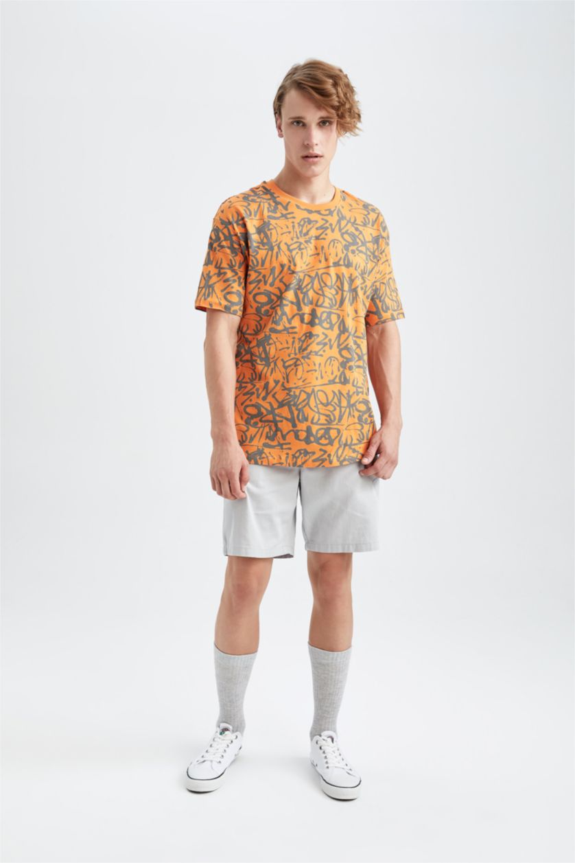 رجال برتقالي تي شيرت قطن اوفر سايز  بياقة مستديرة