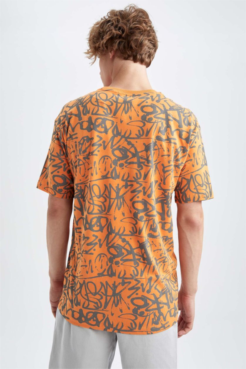 رجال برتقالي تي شيرت قطن اوفر سايز  بياقة مستديرة