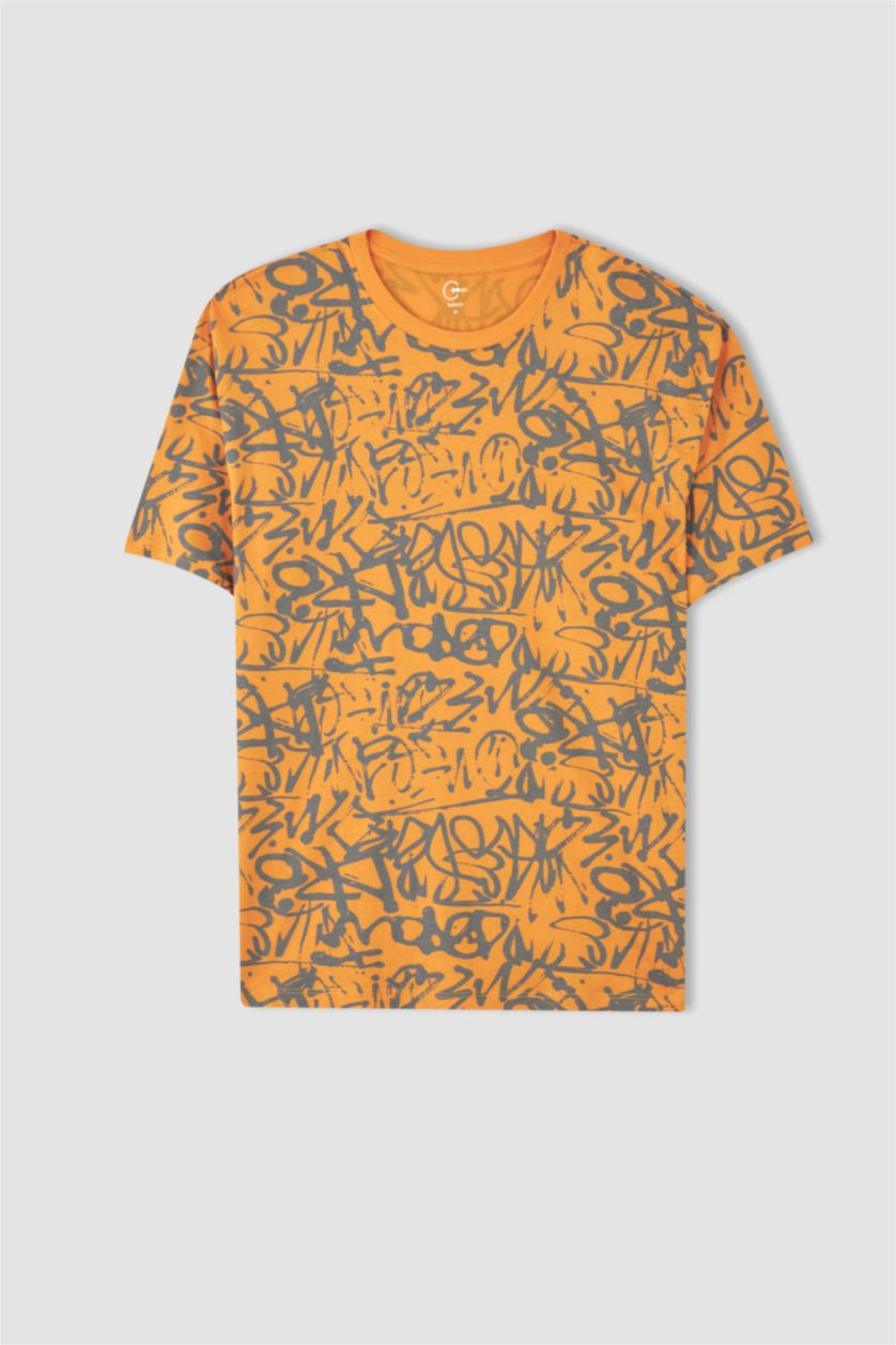 رجال برتقالي تي شيرت قطن اوفر سايز  بياقة مستديرة