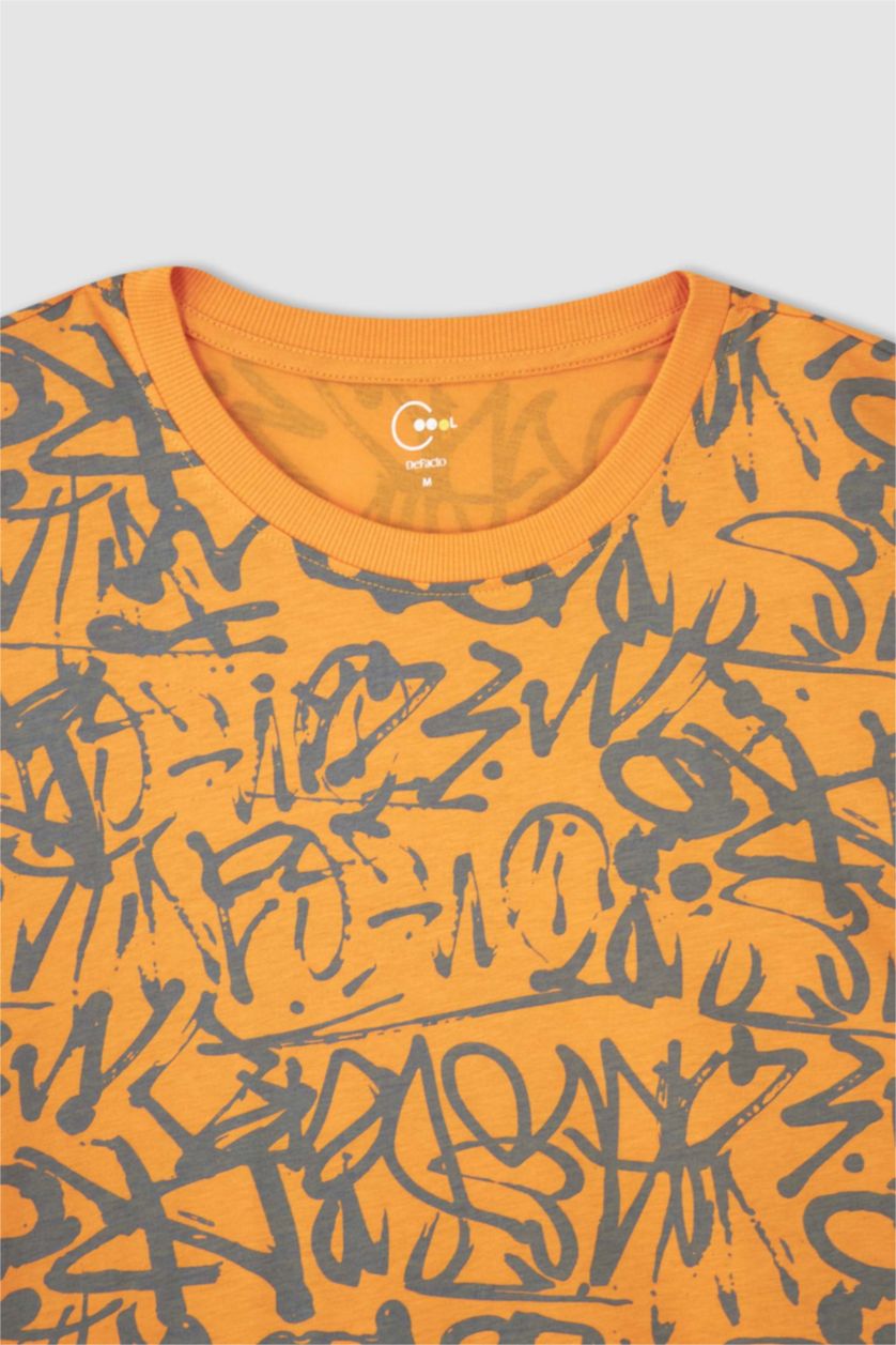 رجال برتقالي تي شيرت قطن اوفر سايز  بياقة مستديرة