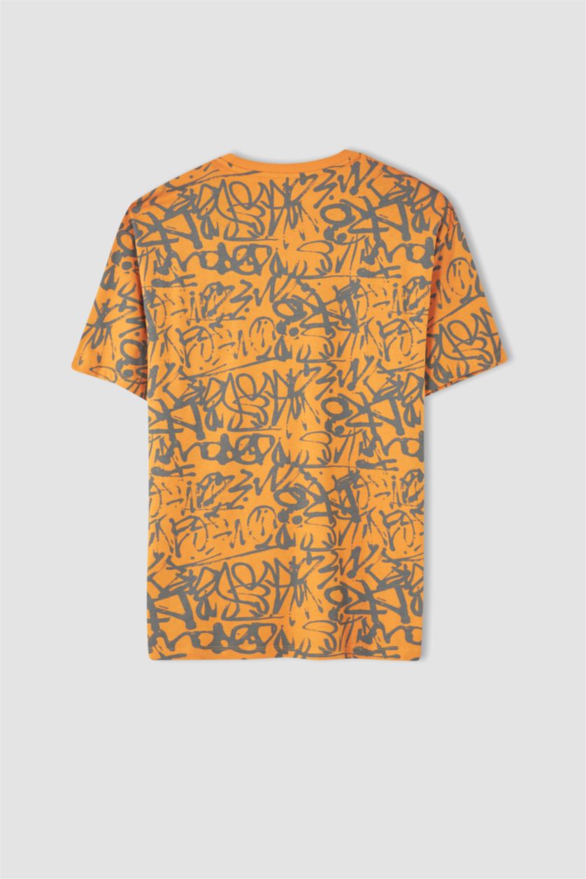 رجال برتقالي تي شيرت قطن اوفر سايز  بياقة مستديرة