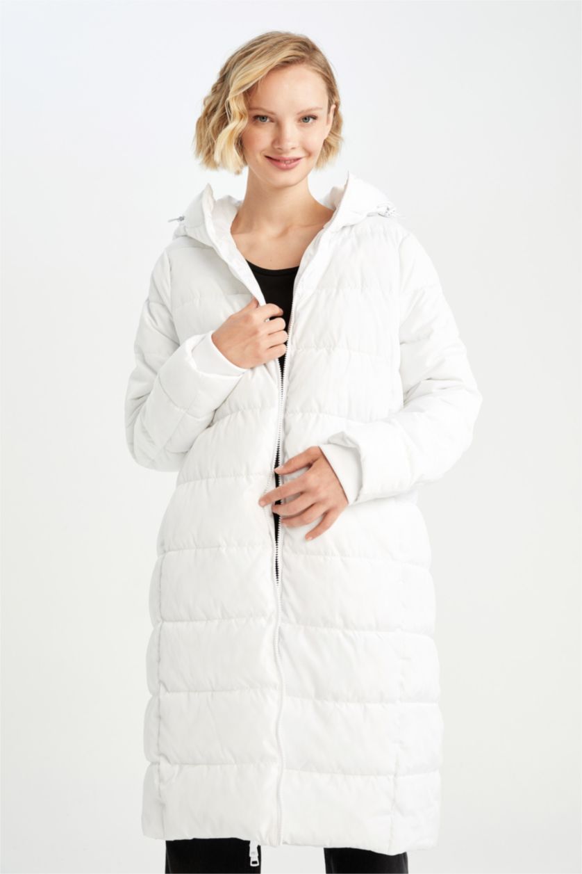 FEMME Blanc Manteau Long Coupe Regular Avec Capuche İmperméable