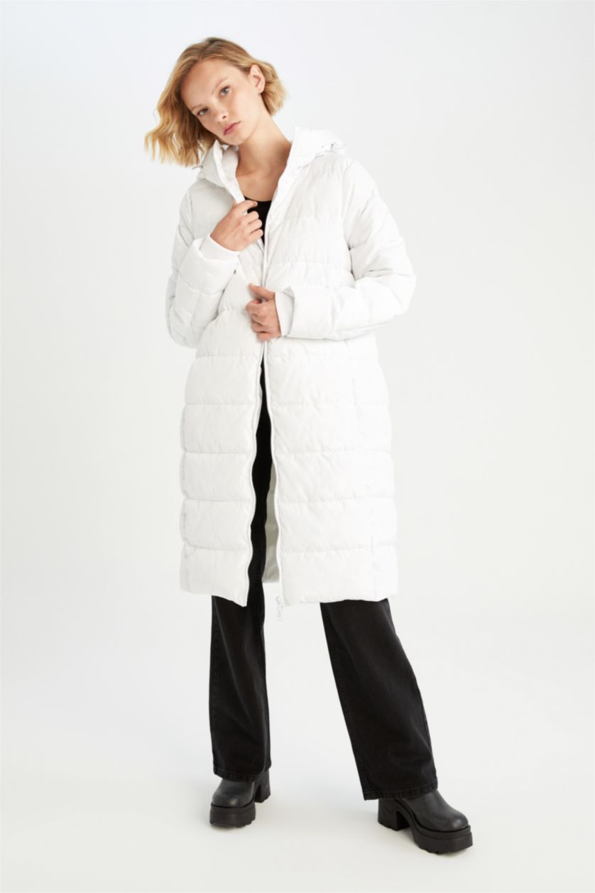 FEMME Blanc Manteau Long Coupe Regular Avec Capuche İmperméable