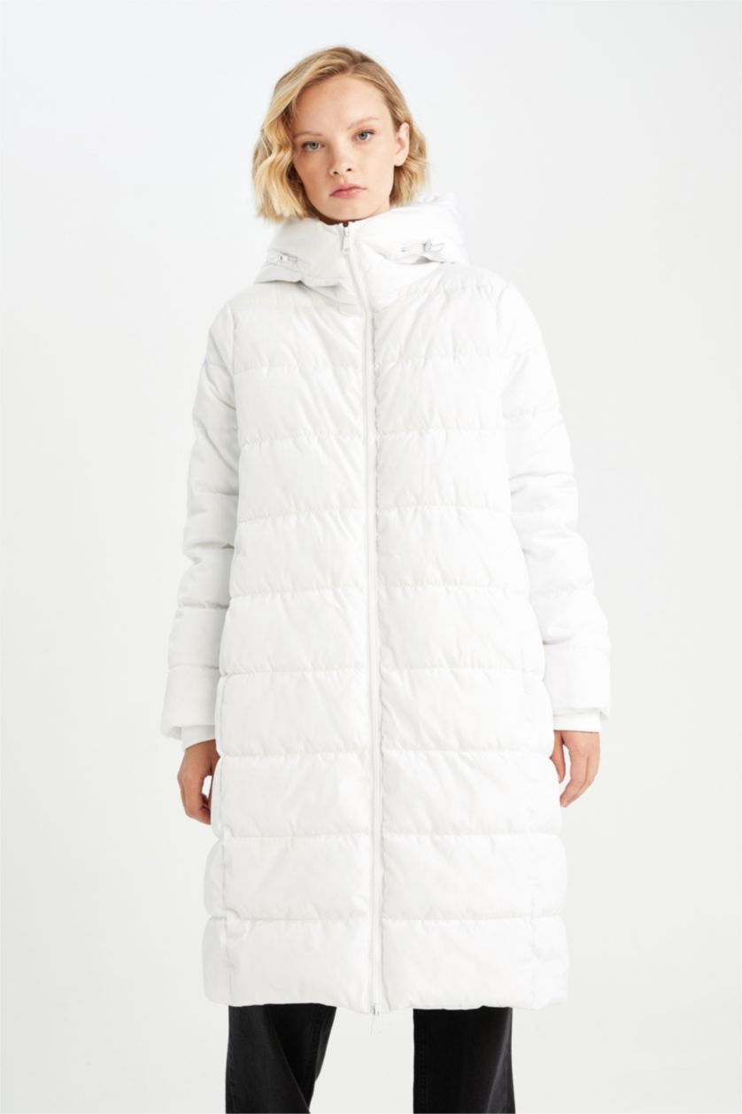 FEMME Blanc Manteau Long Coupe Regular Avec Capuche İmperméable