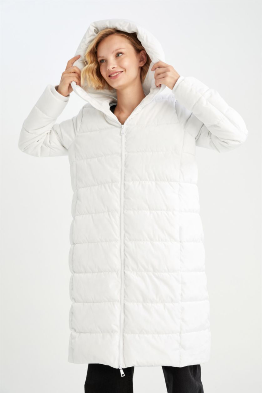 FEMME Blanc Manteau Long Coupe Regular Avec Capuche İmperméable