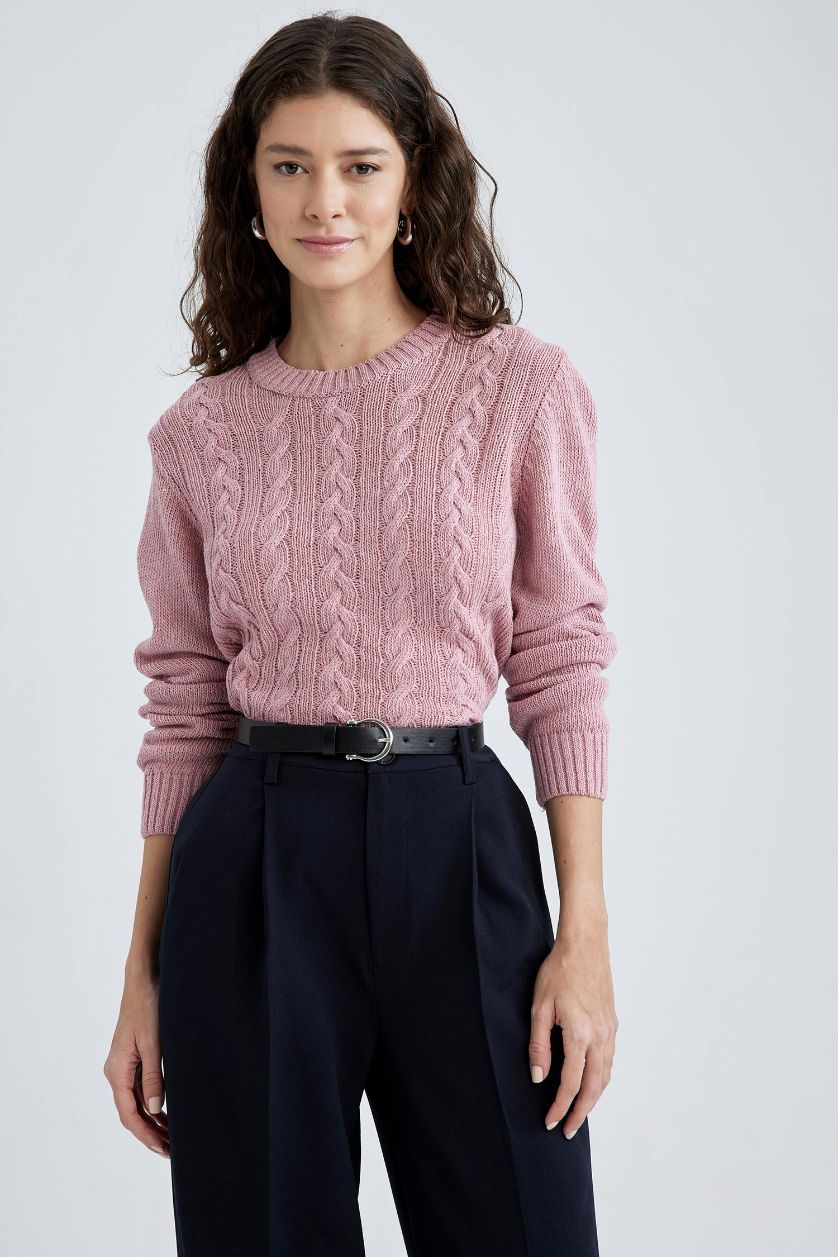 Kadın Lila Regular Fıt Bisiklet Yaka Kazak