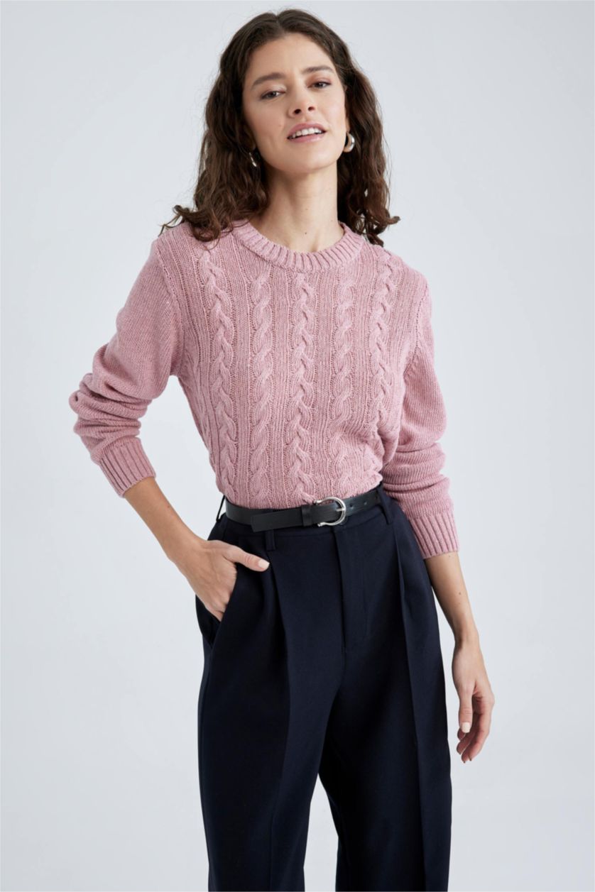 Kadın Lila Regular Fıt Bisiklet Yaka Kazak