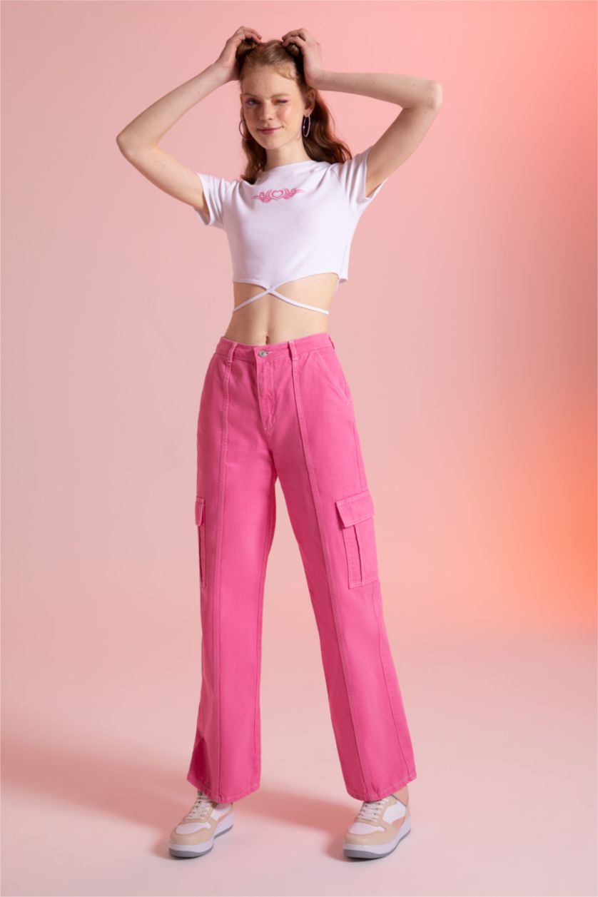 Kadın Pembe Düşük Bel Wıde Leg Pantolon