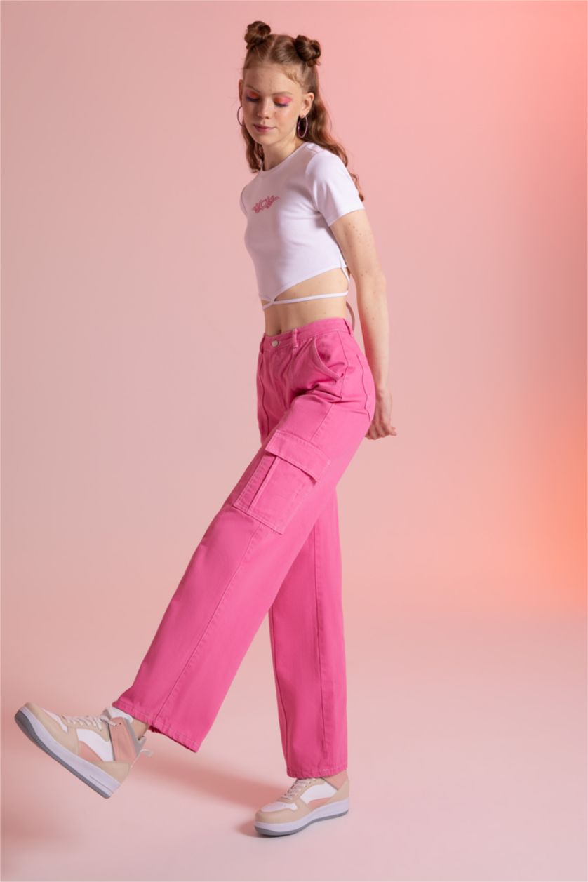 Kadın Pembe Düşük Bel Wıde Leg Pantolon