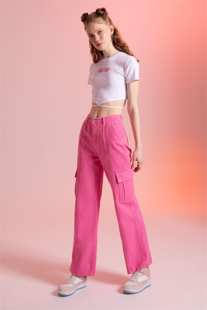 Kadın Pembe Düşük Bel Wıde Leg Pantolon