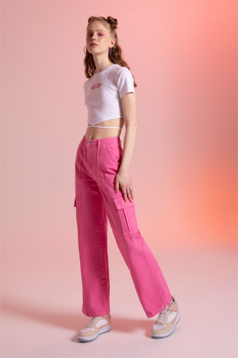 Kadın Pembe Düşük Bel Wıde Leg Pantolon